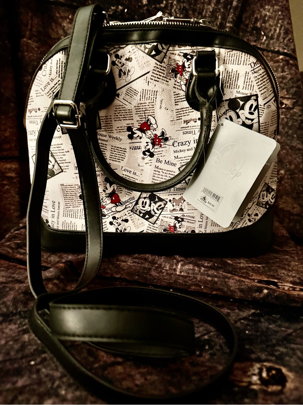 Disney Parks Mickey Minnie Newspaper Print Satchel/Hand Bag with Strap NWT